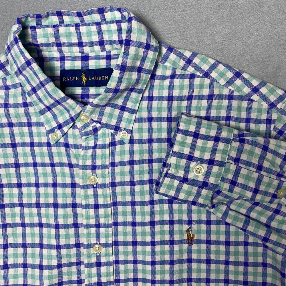 Polo Ralph Lauren Shirt Mens M Blue Gingham Plaid‎ Oxford Flesh Pony Button Down